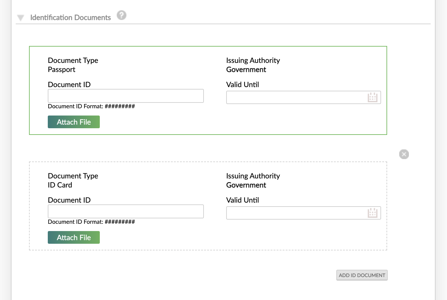 Identification documents section in Creating a Client dialog with a required identification document and an optional identification document